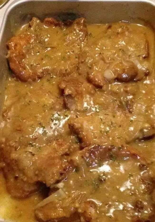 Pork chops with onion and mushroom gravy