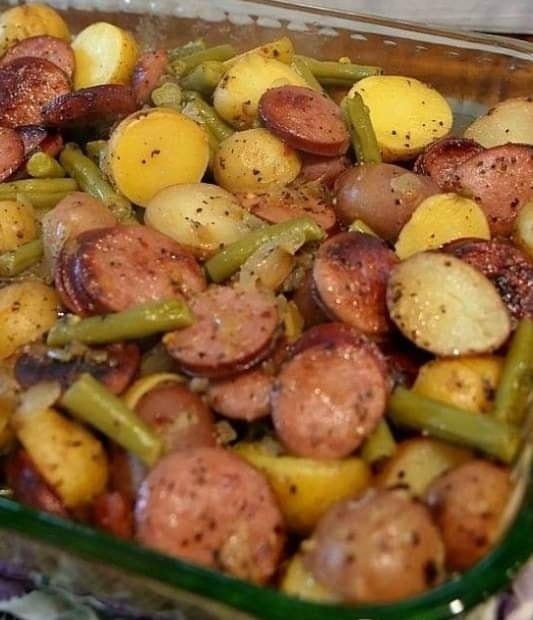 SAUSAGE GREEN BEAN POTATO CASSEROLE