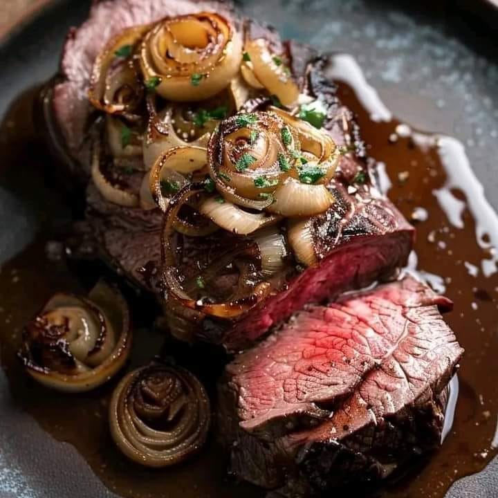 Delicious Roasted Beef Tenderloin with French Onion Au Jus