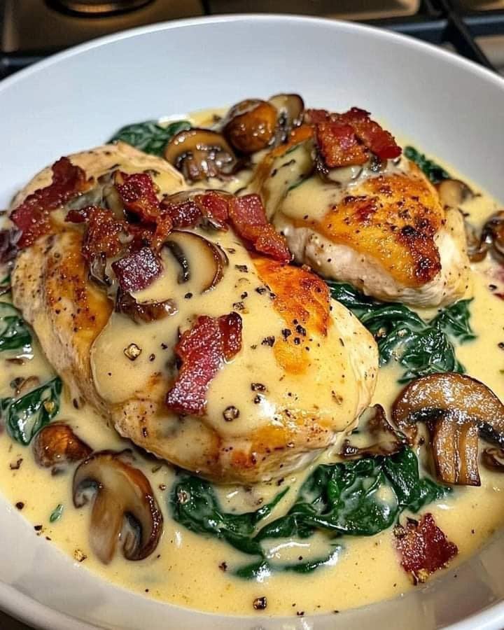 Smothered Chicken with Creamed Spinach, Bacon, and Mushrooms