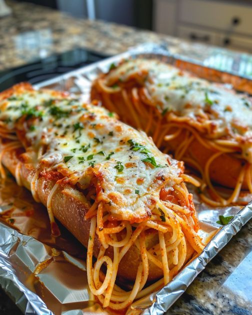 Spaghetti-stuffed Garlic Bread