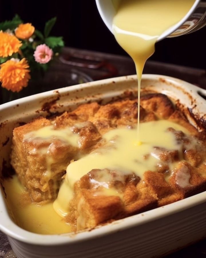 Bread Pudding in Casserole with Vanilla Sauce