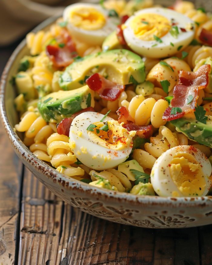 Bacon Avocado Deviled Egg Pasta Salad