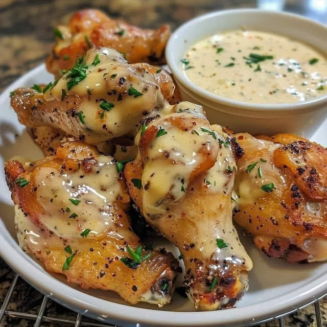 Chicken wings with a creamy garlic and parmesan sauce.