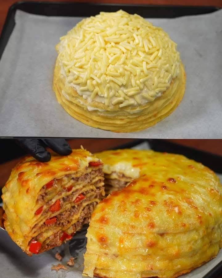 Savory Crepe Bake with Meat Filling and Béchamel Sauce